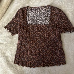 New American Eagle Cheetah Top Square Neck Ruffled T Shirt